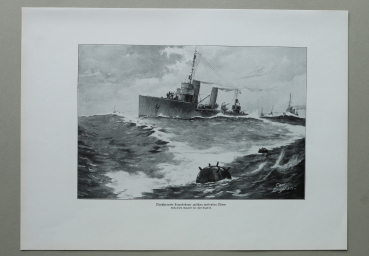 Marine / Marschierende Torpedoboot zwischen treibenden Minen / 1914-1918 / 1920er Jahre / 1. Weltkrieg 1.WK WWI / Patriotik Kunst Druck